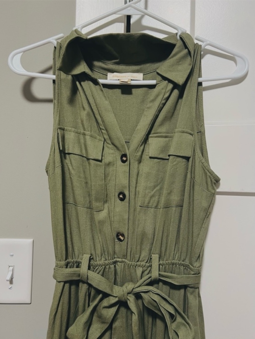 Monteau Olive Green Sleeveless Utility Maxi Romper with Tie Waist - Picture 4 of 5